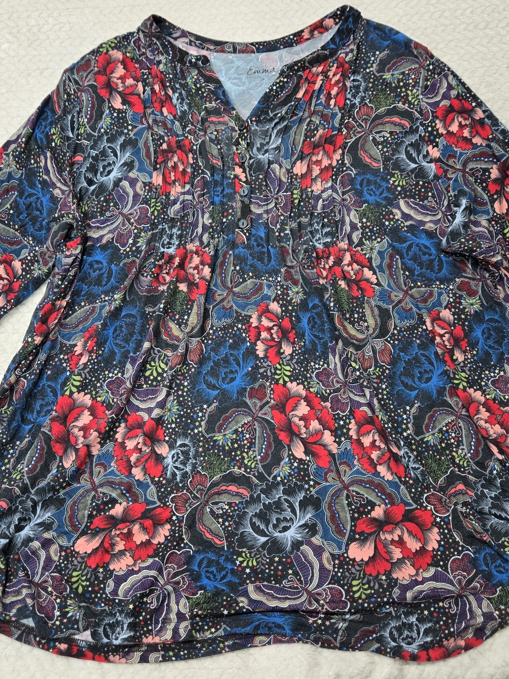 Simply Emma Boho Floral Butterfly Pleated Front Button Tunic Top Plus Size 2x
